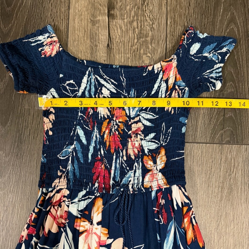 Band of Gypsies Boho Floral Off The Shoulder Smocked Maxi Dress Navy XS Summer - Picture 8 of 14